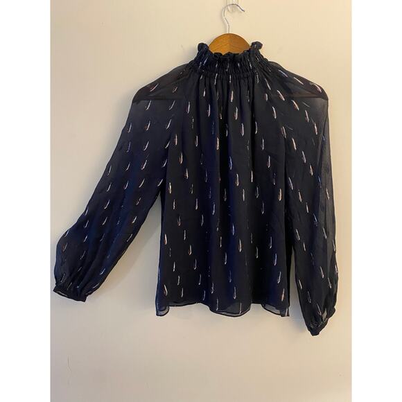 Rebecca Taylor Black Metallic Mock Smocked Neck Silk Sheer Long Sleeve EUC 0 Top - Picture 1 of 9